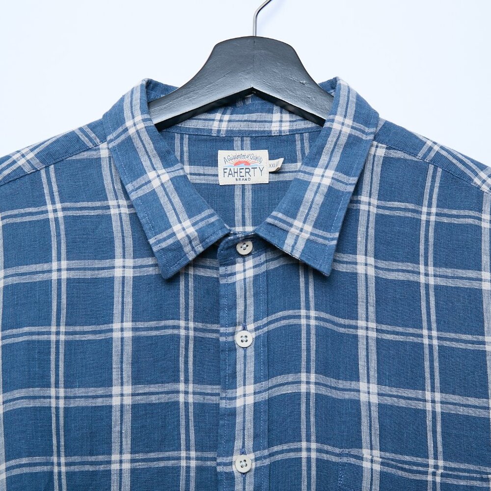 Faherty Laguna 100% Linen Nightfall Plaid Button Down Blue Shirt XXL - Picture 5 of 14